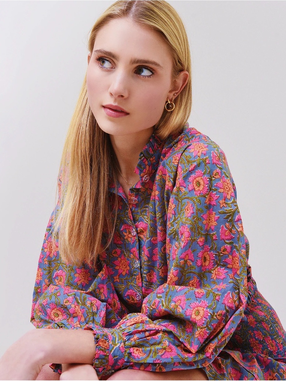 Women’s Floral Button-Up Blouse in Pink and Blue